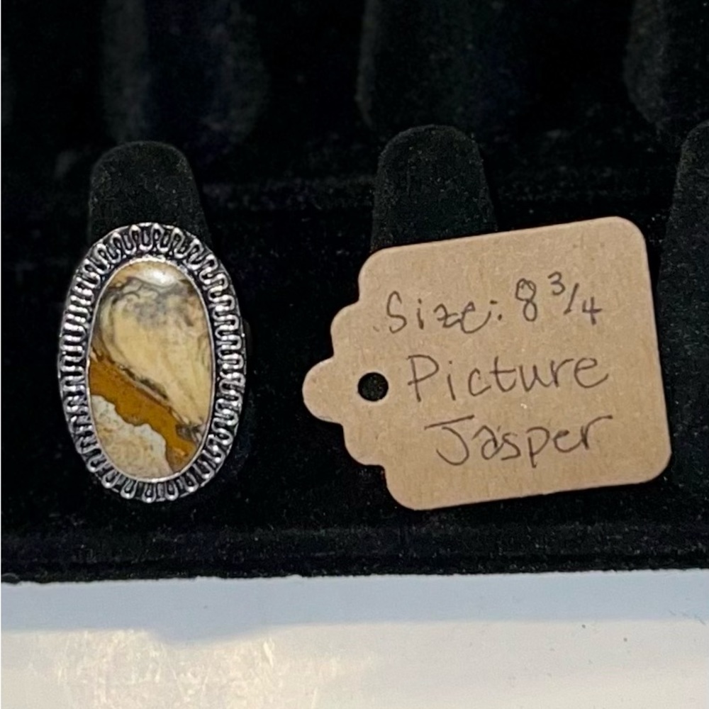 Handmade Natural Picture Jasper Stone Boho Ring .925 Stamp Size: 8.75